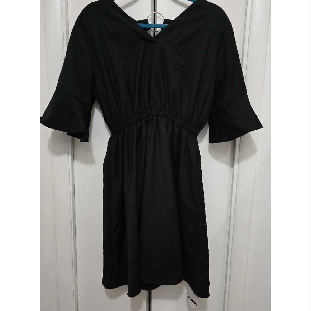 Japanese Plus Size Brand Punyus - Little Black Dress with Silver Hoop Detail